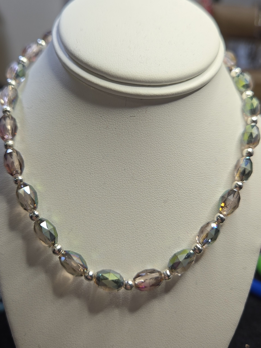 Iridescent Glass Bead Anklwt with Silver Spacers